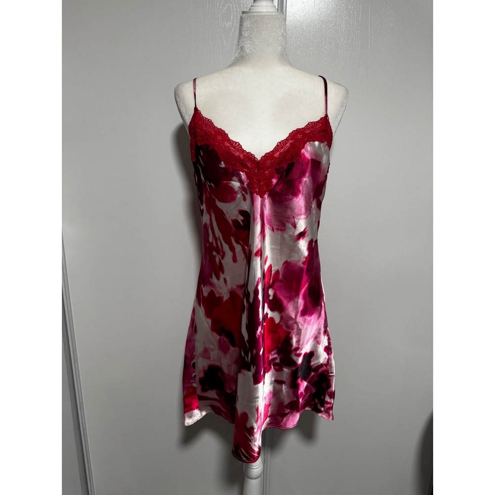 Linea Donatella Pink Red Floral Satin Lace Trim Strappy Back Chemise Nightie L
